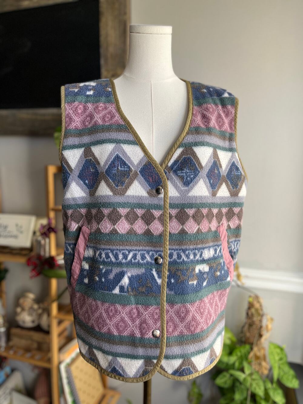 Vintage 90s Reversible Vest Flannel and Quilted Mauve Pink Aztec Size Large XL